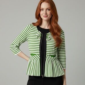 Anthropologie Moth Four Petals Bow Green & White Striped Zip-Up Cardigan SP